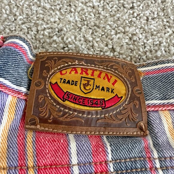 90s Vintage Striped Denim Shorts Multicolor Distressed Raw Hem Summer Cartini S - Picture 4 of 5